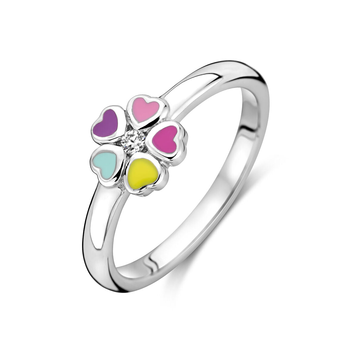 De ring bloem en zirkonia zilver gerhodineerd van de Van der Kooij Collectie toont een zilveren bloem met vijf hartvormige pastelkleurige bloemblaadjes en een centrale heldere steen, die de kenmerkende elegantie van het merk weerspiegelen.