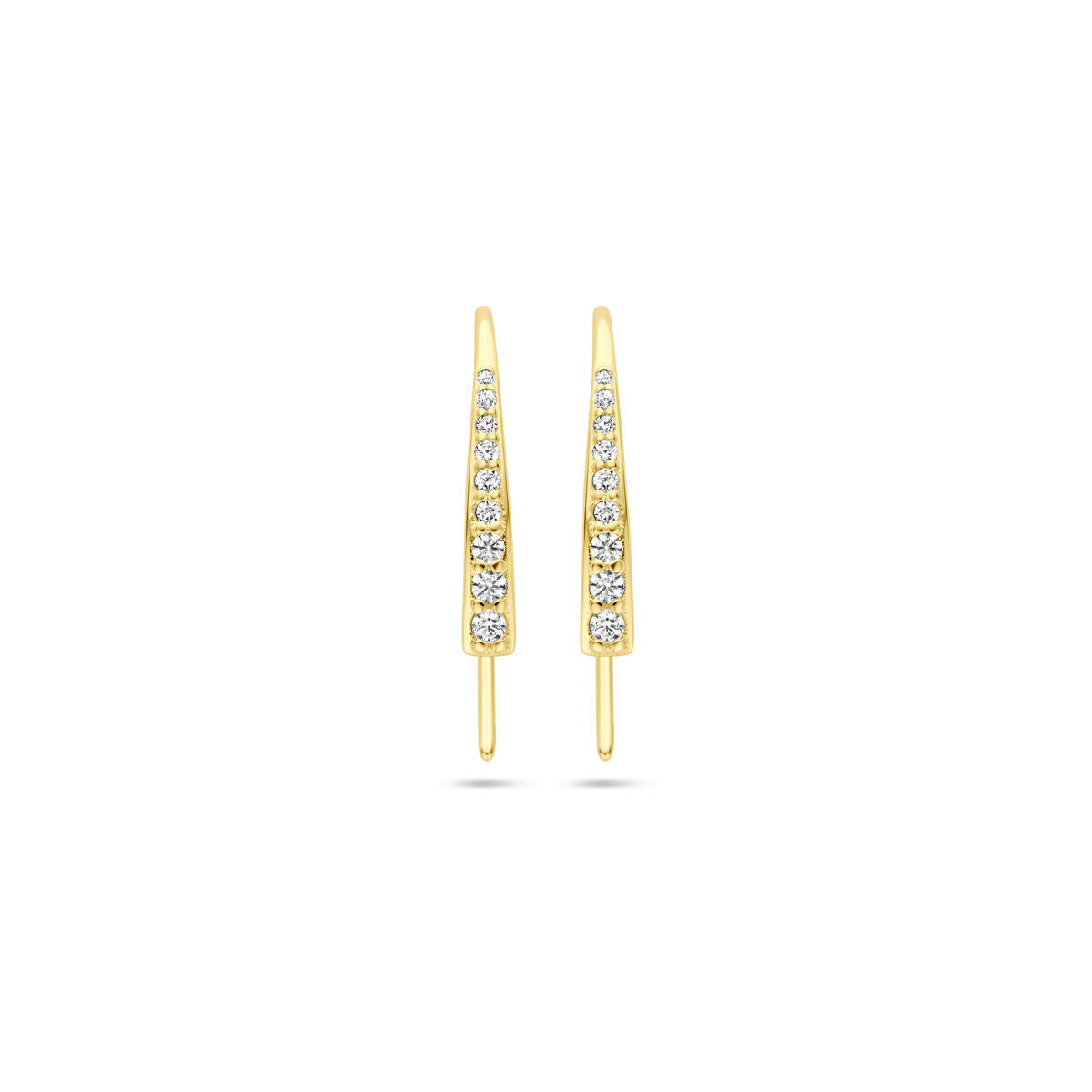 Boucles d'oreilles en or jaune 14K avec des zircons, forme allongée et brillante.