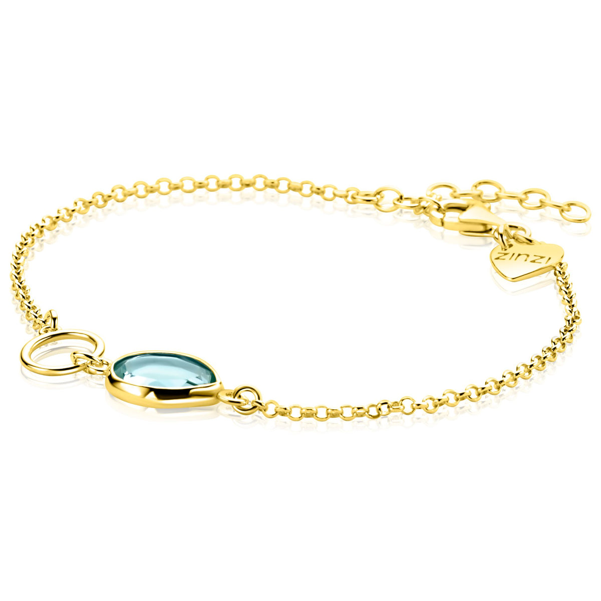 Bracelet doré avec un pendentif en forme de goutte et une pierre bleue.