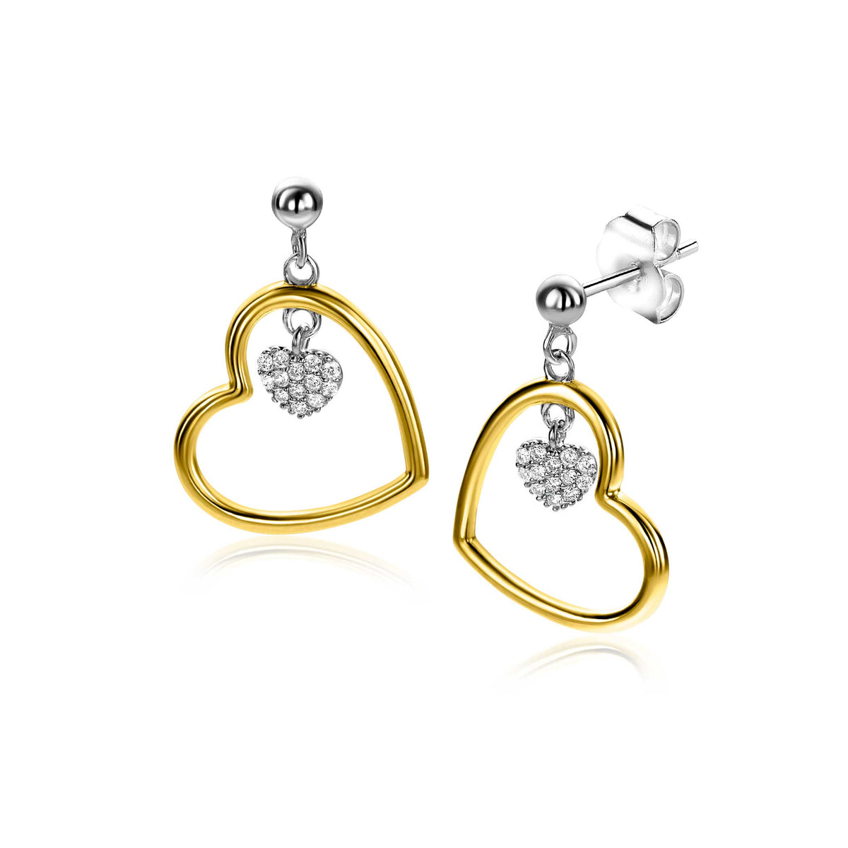 Boucles d'oreilles en argent doré en forme de cœur avec un petit cœur en pavé de pierres.