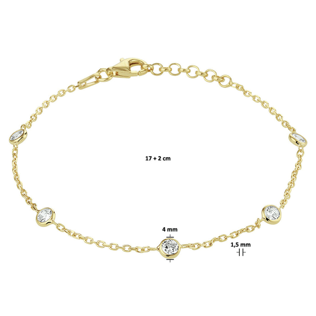De Van der Kooij Collectie armband zirkonia heeft vijf ronde steentjes (4 mm), is 17 cm lang met een verlengstuk van 2 cm en heeft een 1,5 mm dikke verguld zilveren ketting. Karabijnsluiting. Product: armband zirkonia 17 + 2 cm 3 micron zilver verguld (geel).