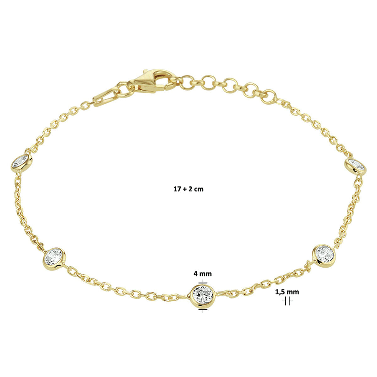 De Van der Kooij Collectie armband zirkonia heeft vijf ronde steentjes (4 mm), is 17 cm lang met een verlengstuk van 2 cm en heeft een 1,5 mm dikke verguld zilveren ketting. Karabijnsluiting. Product: armband zirkonia 17 + 2 cm 3 micron zilver verguld (geel).