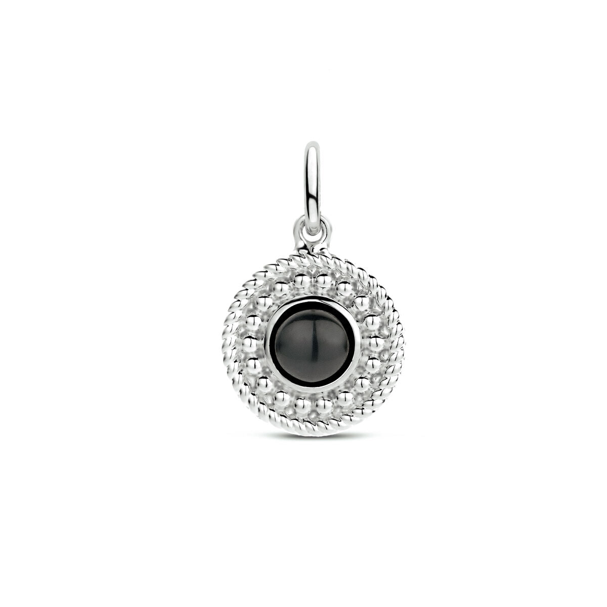pendentif rond en onyx avec finition argent rhodié, entouré de petites pierres brillantes.