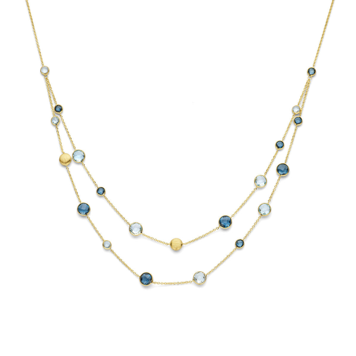 Collier en or jaune 14K avec topazes bleu ciel et bleu londonien, longueur 45 cm.