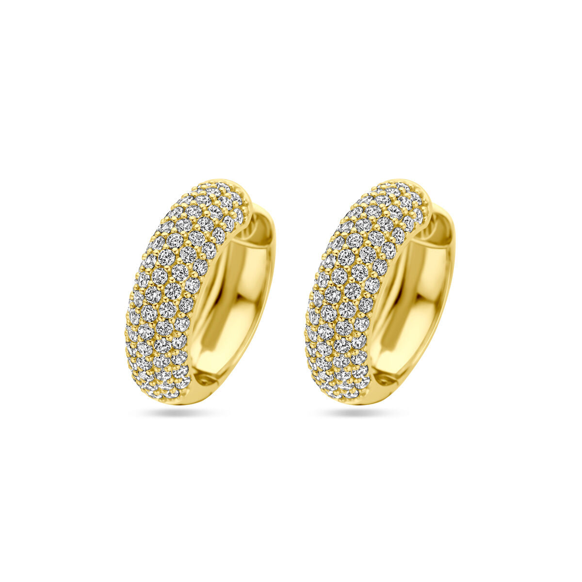 Boucles d'oreilles dorées ornées de zirconiums, d'un diamètre de 21 mm.
