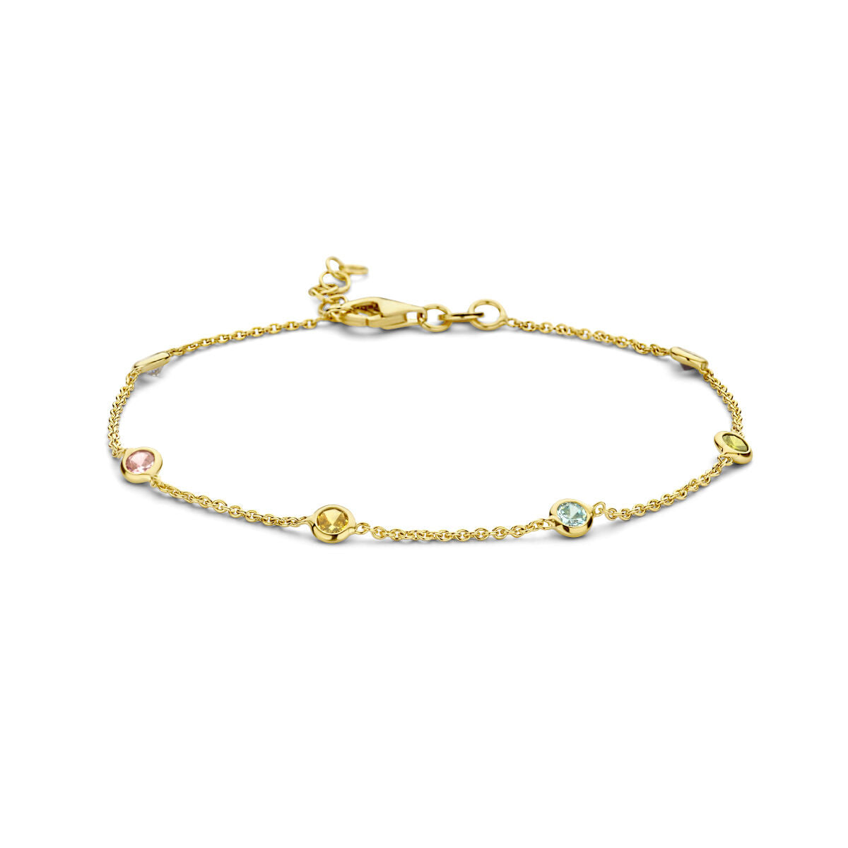 Bracelet en argent doré de 3 microns avec plusieurs zirkonias colorés, longueur 18 + 2 cm.