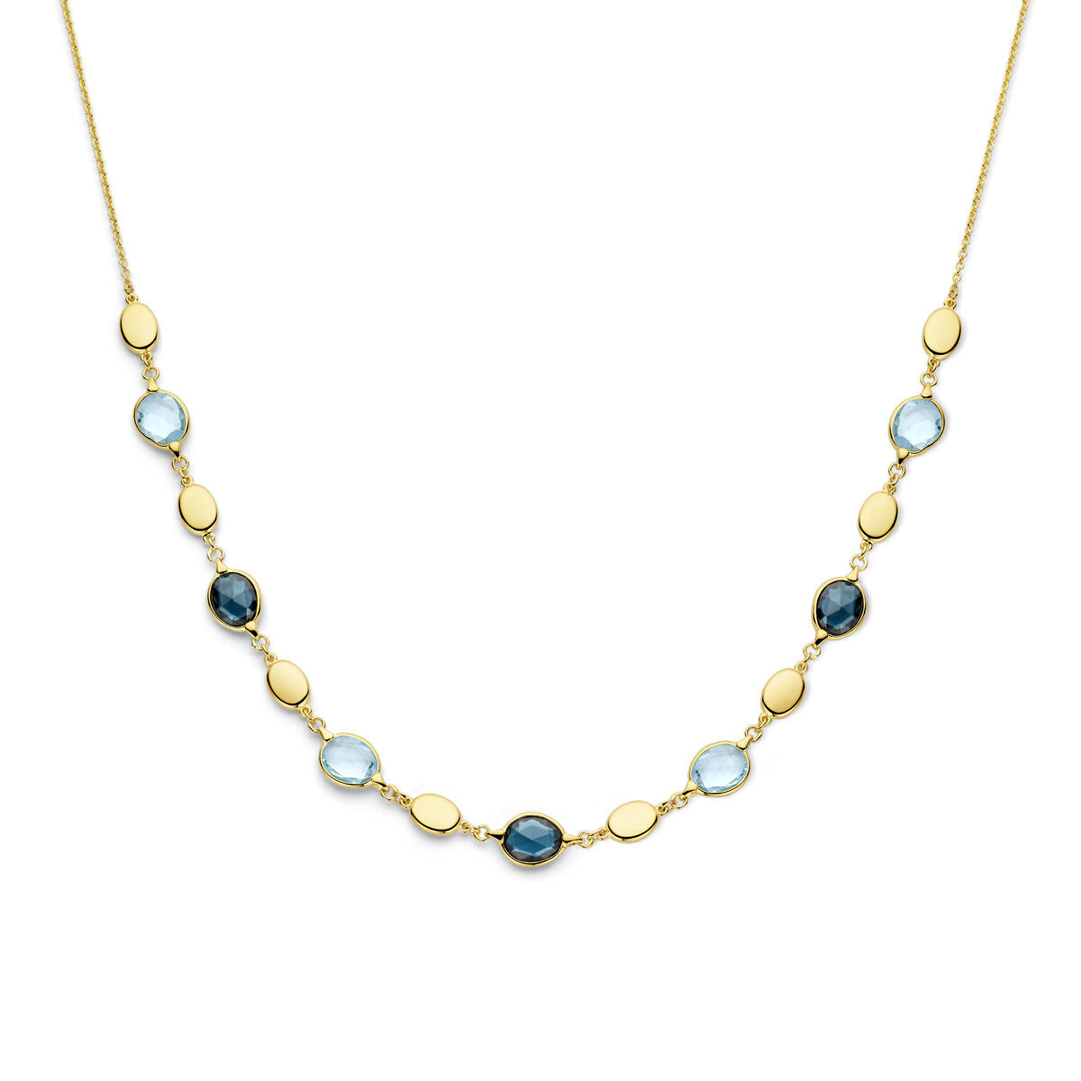 Collier van 14K geelgoud met sky blue en london blue topaas, 43 cm lang, met ovale schakels.
