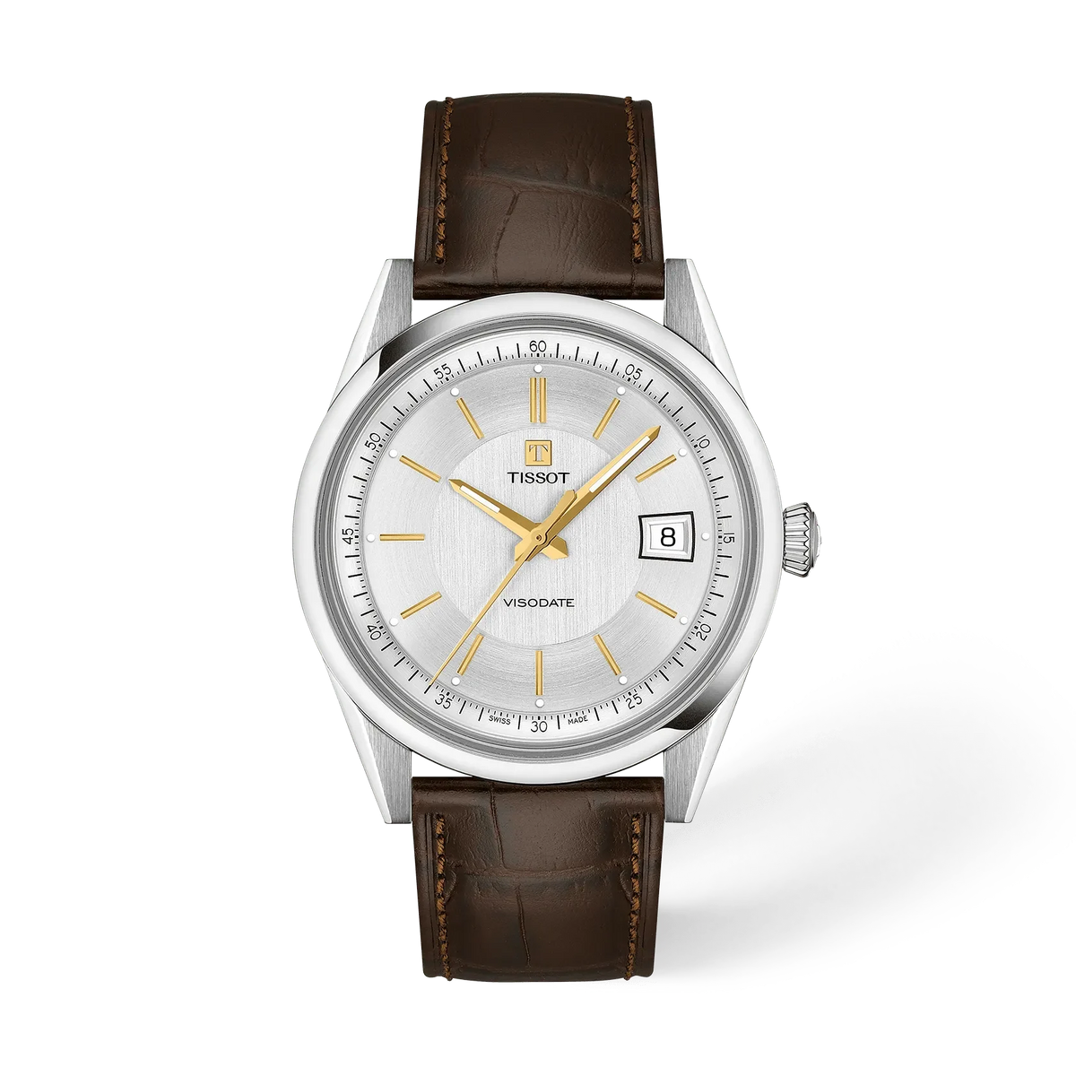 Montre Tissot Visodate de 39 mm avec cadran argenté, boîtier en acier inoxydable et bracelet en cuir marron.