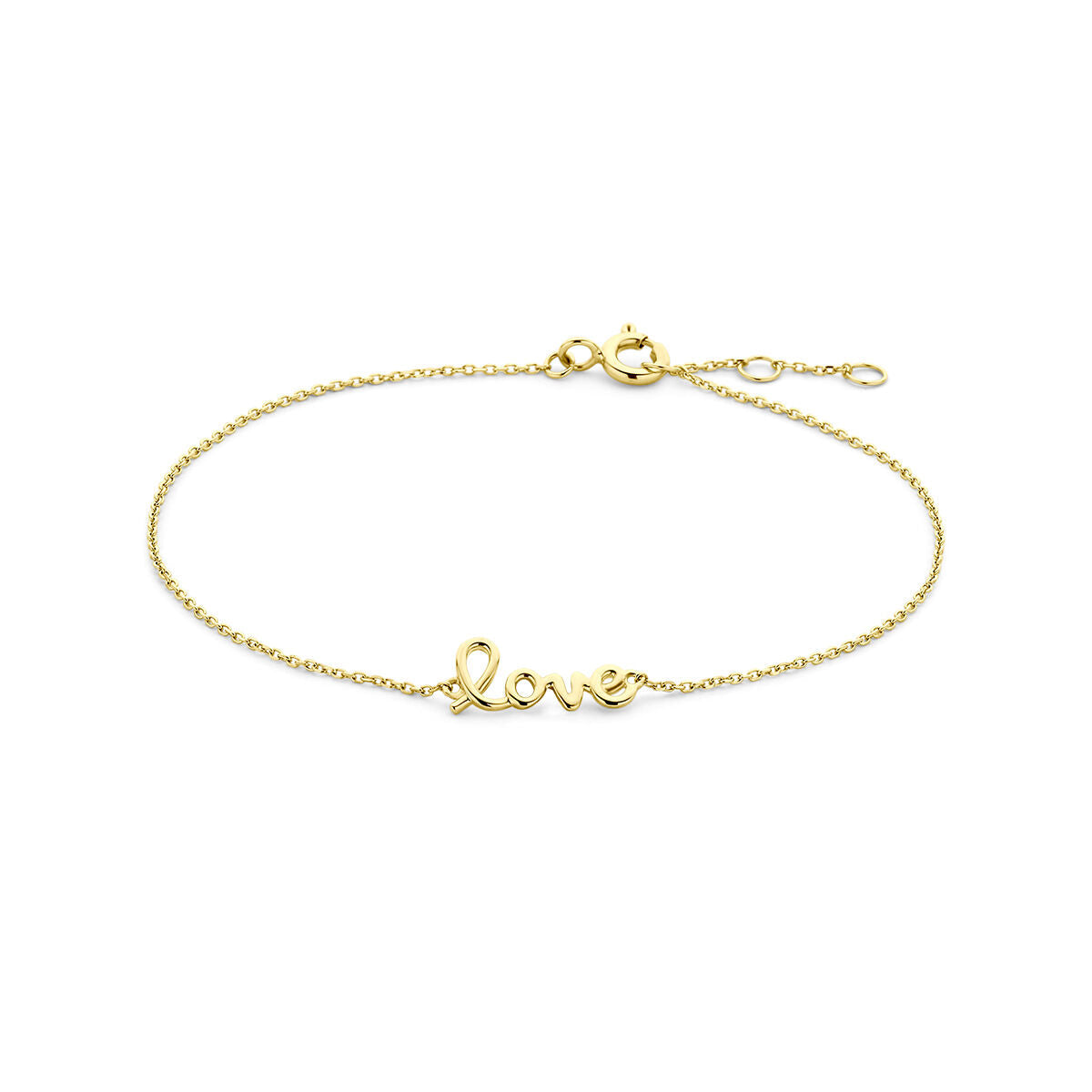 Bracelet en or jaune 14K avec inscription "love" en lettres cursives.