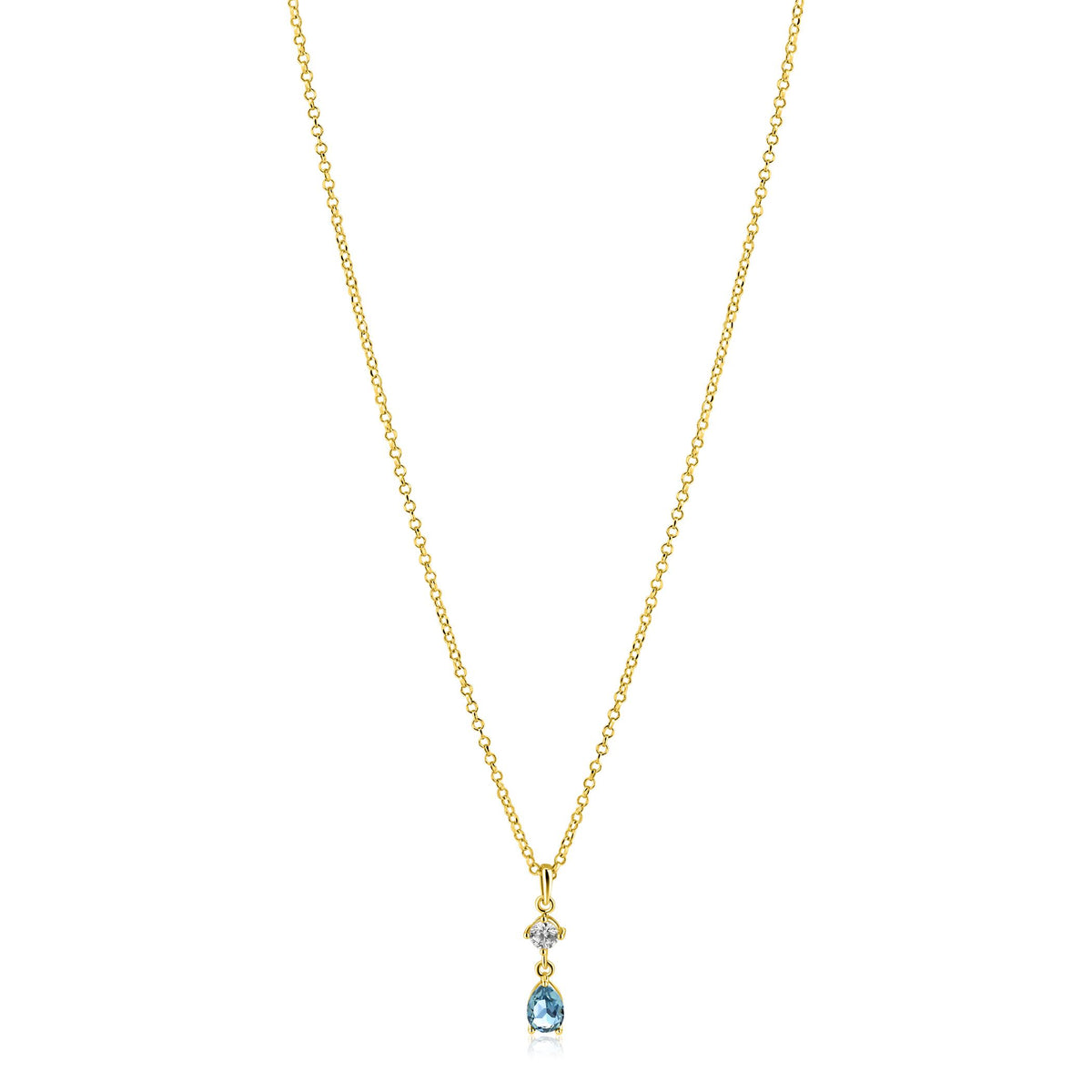 Collier doré avec un pendentif en forme de goutte et une pierre bleue.