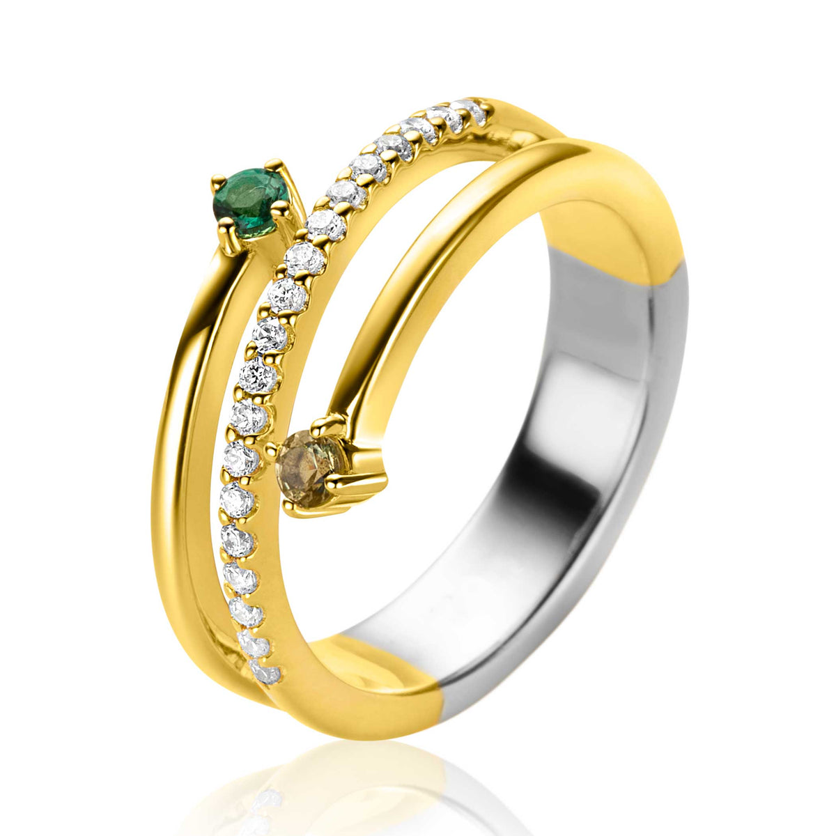 Bague en argent avec des accents dorés, ornée de pierres précieuses vertes et de zircons.