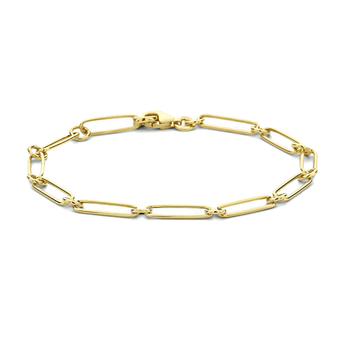 Bracelet en or 14K avec maillons en forme de paperclip et tubes plats.