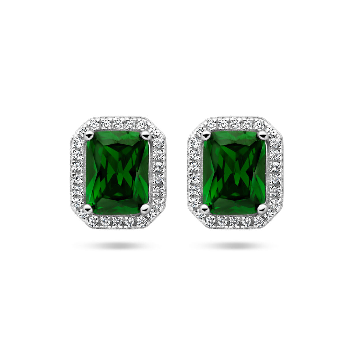 Boucles d'oreilles en argent rhodié avec zirconia verts et blancs, forme octogonale.