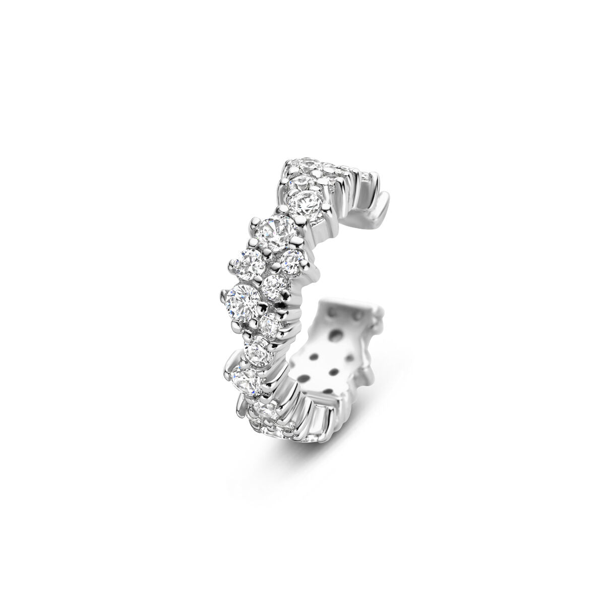 Ear cuff en argent avec zirconia, finition rhodiée, présentant un design ondulé et des pierres brillantes.