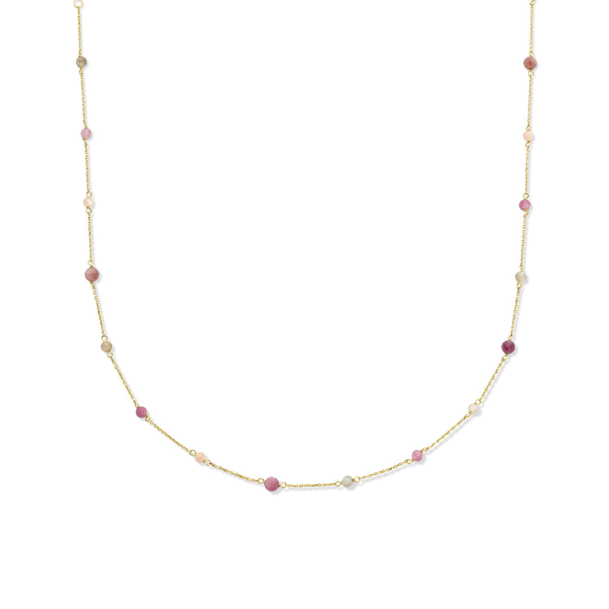 Collier en or jaune 14K avec perles de tourmaline rose et transparente, longueur ajustable de 40 à 44 cm.