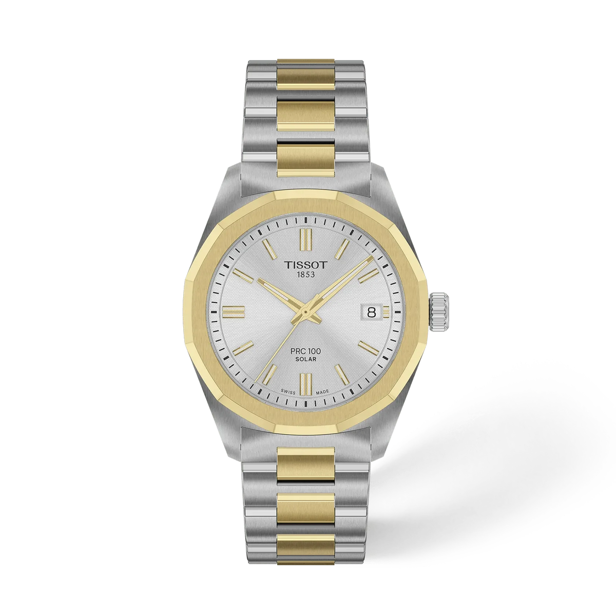 Montre Tissot PRC 100 avec boîtier en acier inoxydable argenté et doré, cadran argenté et bracelet à maillons.