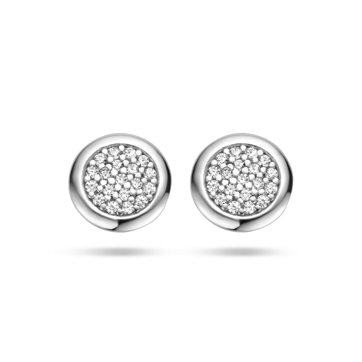 Boucles d'oreilles en argent rhodié avec zircons, forme ronde et finition brillante.