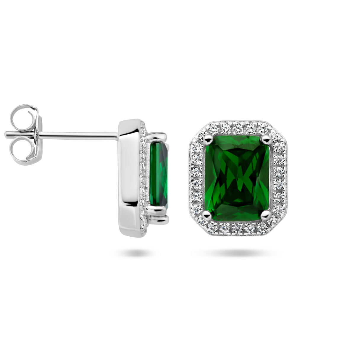 puces d'oreilles zirconia vert et blanc halo argent rhodié