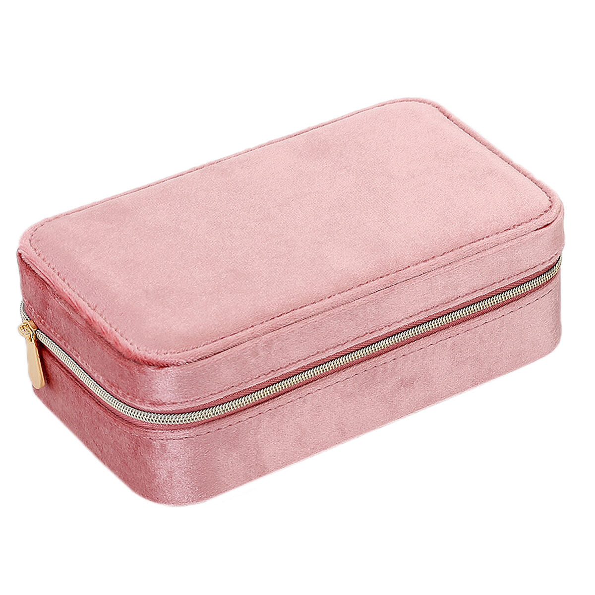 Boîte à bijoux rose en velours avec fermeture éclair dorée.