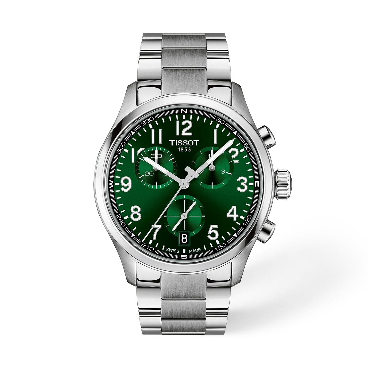 Montre Tissot avec boîtier en acier inoxydable, cadran vert et bracelet en acier.