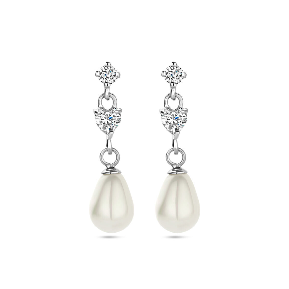 Boucles d'oreilles en argent rhodié avec perles et zircons, forme pendante.