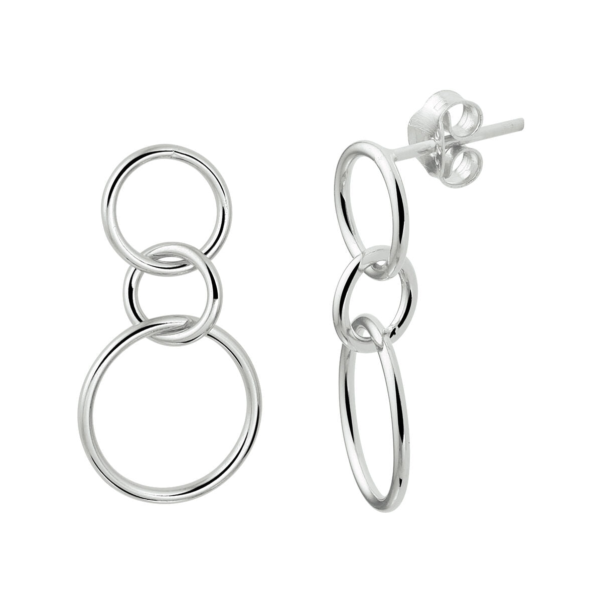 Boucles d'oreilles en argent rhodié avec des cercles entrelacés.