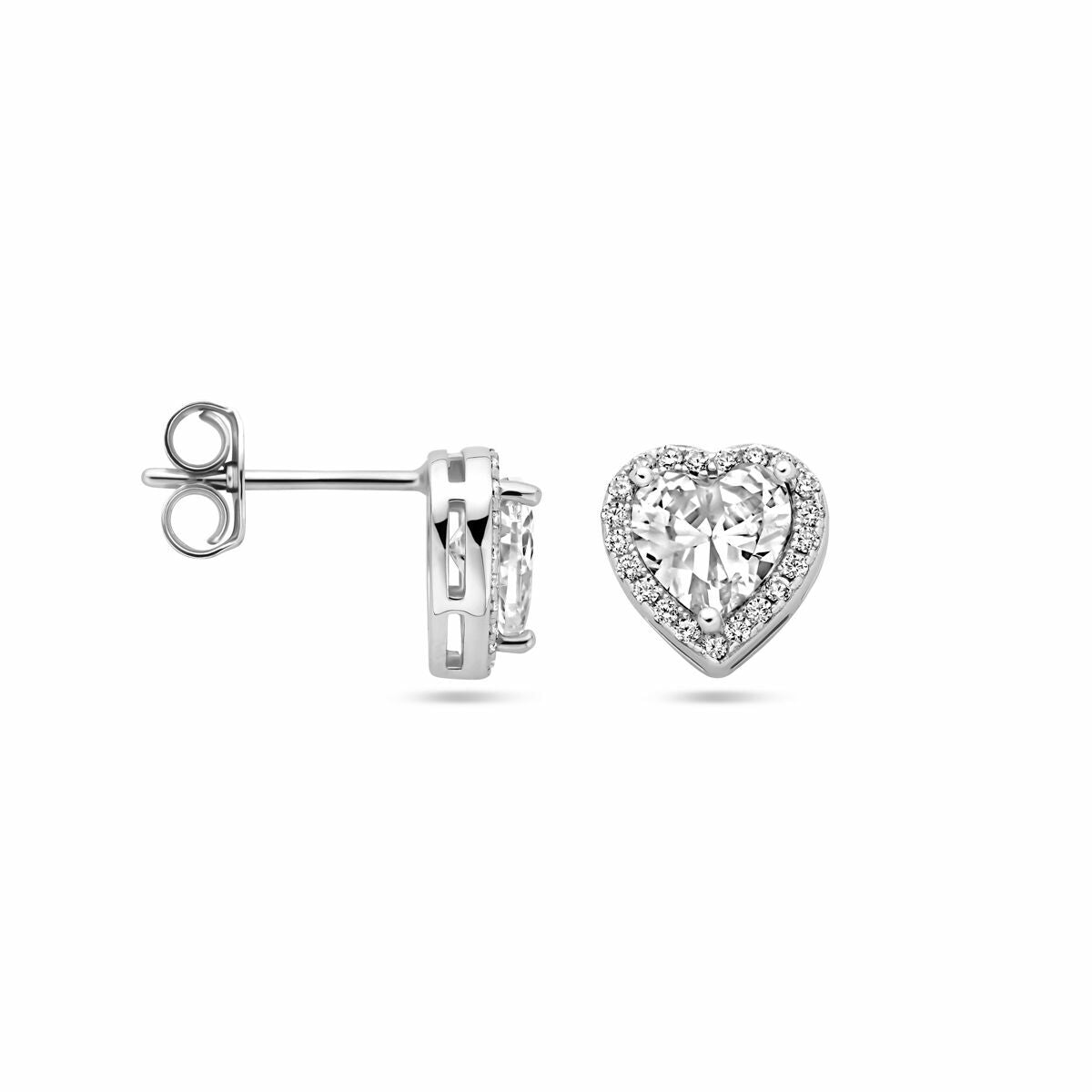 puces d'oreilles cœur zircone halo argent rhodié