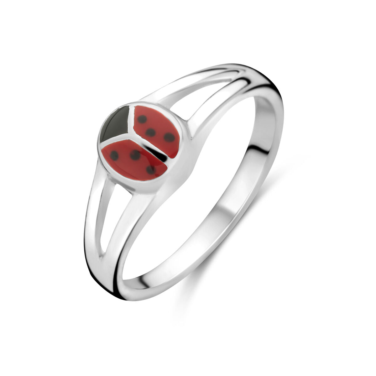 Bague en argent avec un motif de coccinelle rouge et noire.