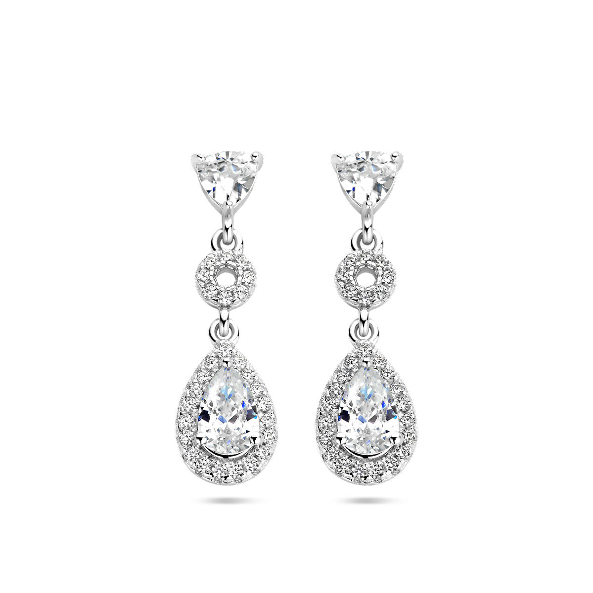 Boucles d'oreilles en argent rhodié avec zirconia, en forme de goutte, ornées de halos scintillants.