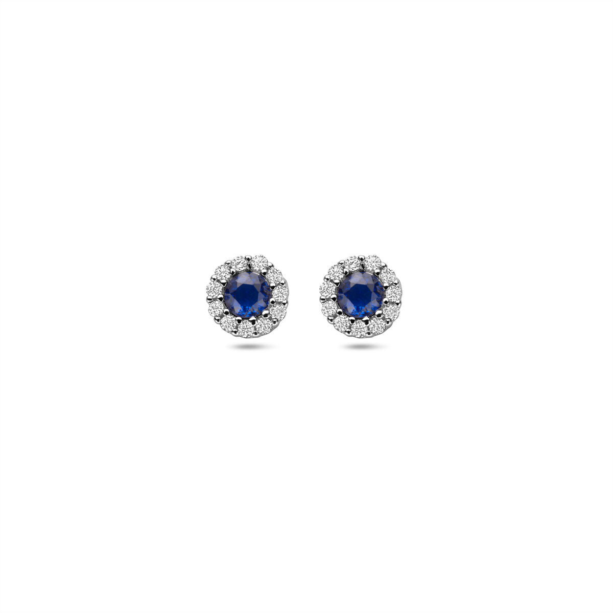 Boucles d'oreilles en argent rhodié avec saphir central et zirconiums autour.
