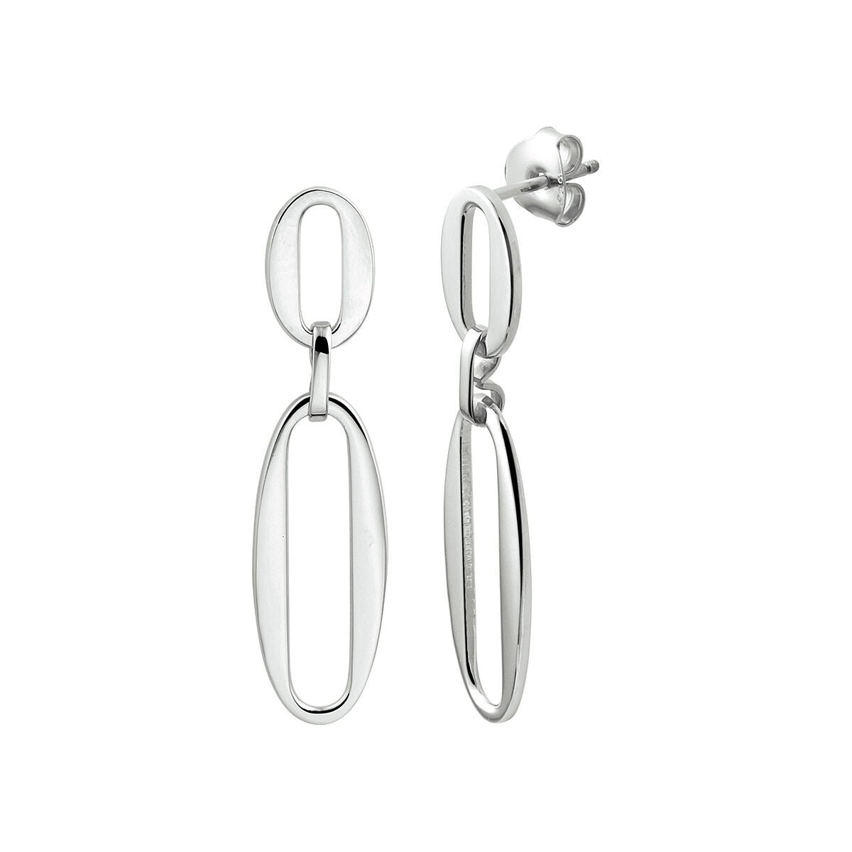 Boucles d'oreilles en argent rhodié en forme de paperclip, avec un design allongé et élégant.