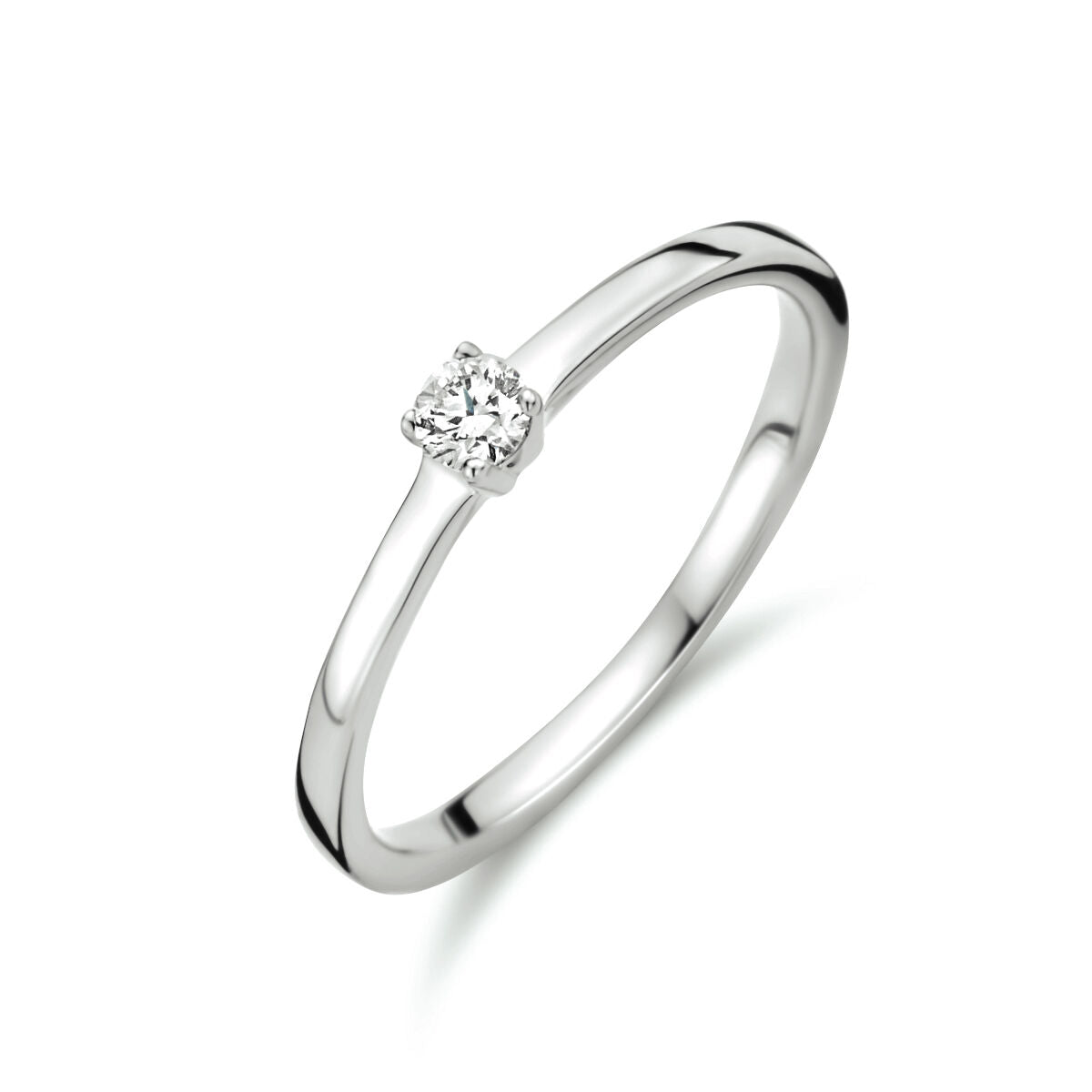 Witte gouden ring met een solitaire diamant van 0.10 ct, eenvoudige en strakke vorm.