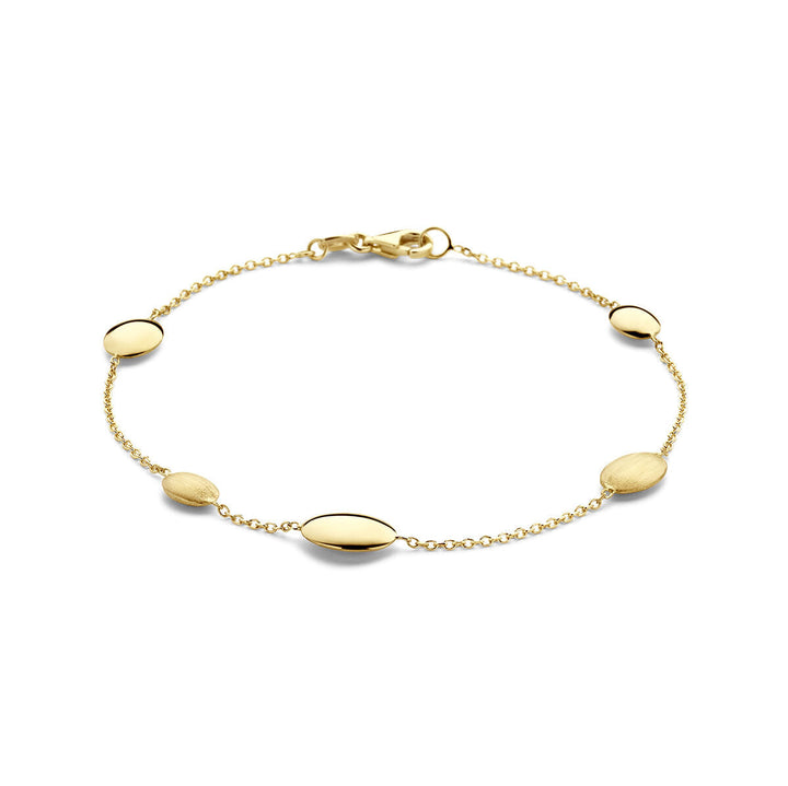 Elegante 14K gouden armband dames poli/mat van Van der Kooij Collectie, met vier ovale goudkleurige kralen gelijkmatig verdeeld over de schakel met een veilige karabijnsluiting.