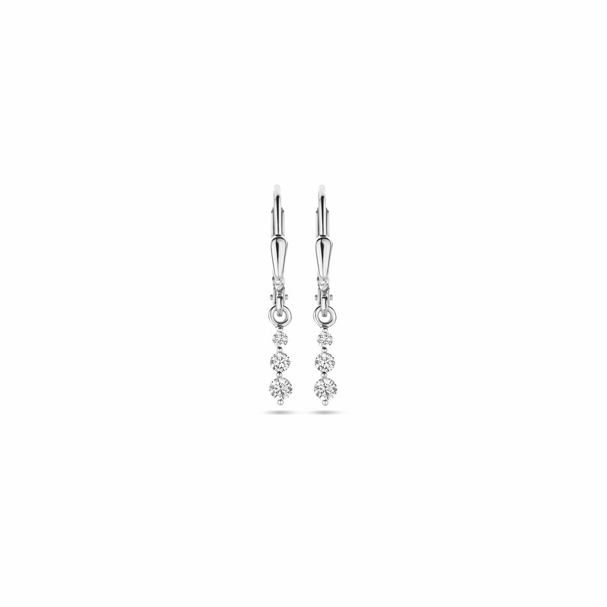 Boucles d'oreilles en argent rhodié avec zircones, de 24 mm, au design délicat et suspendu.