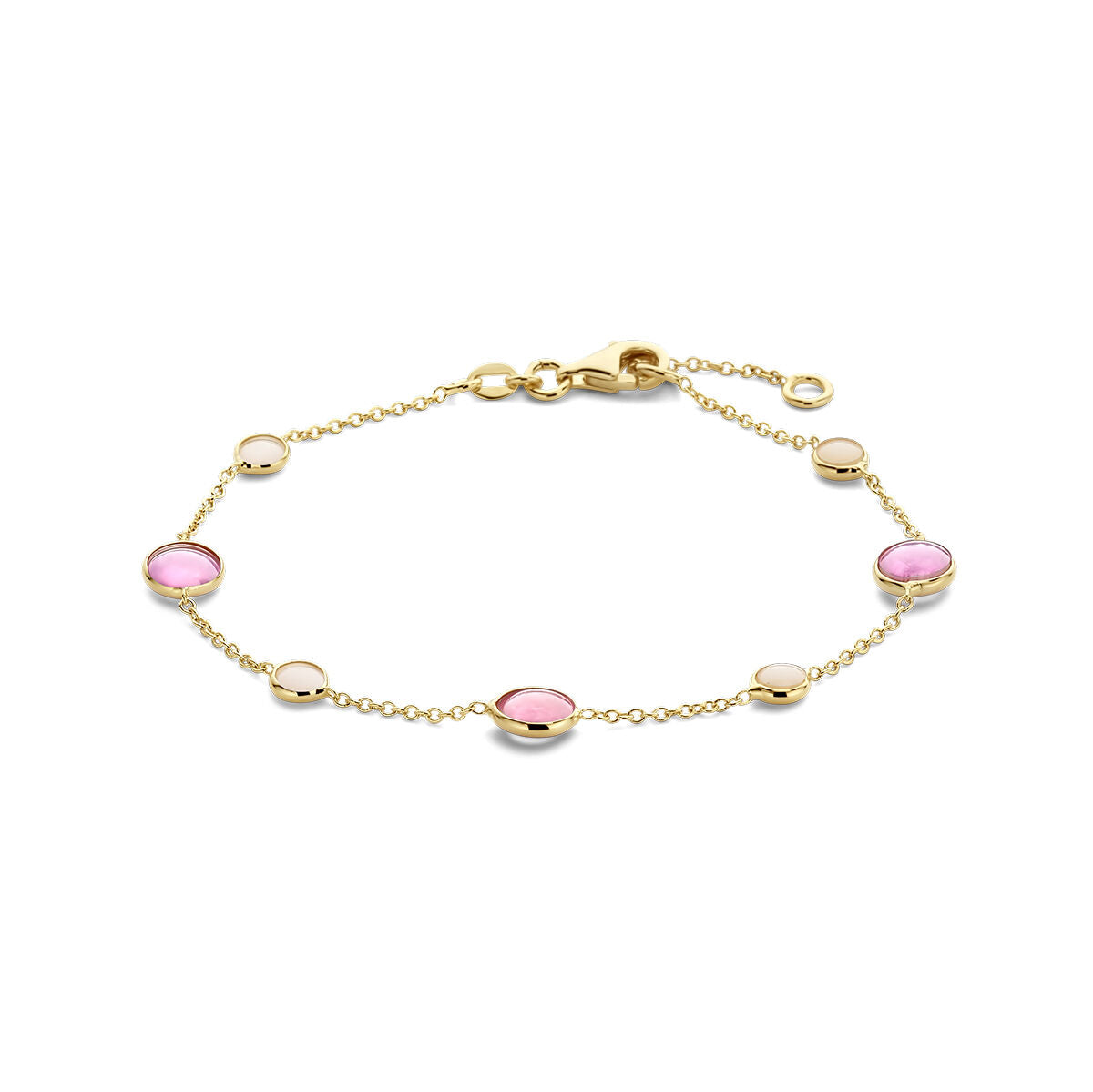 Bracelet en or 14K avec rubis rose et opale rose, ornée de cabochons ronds.
