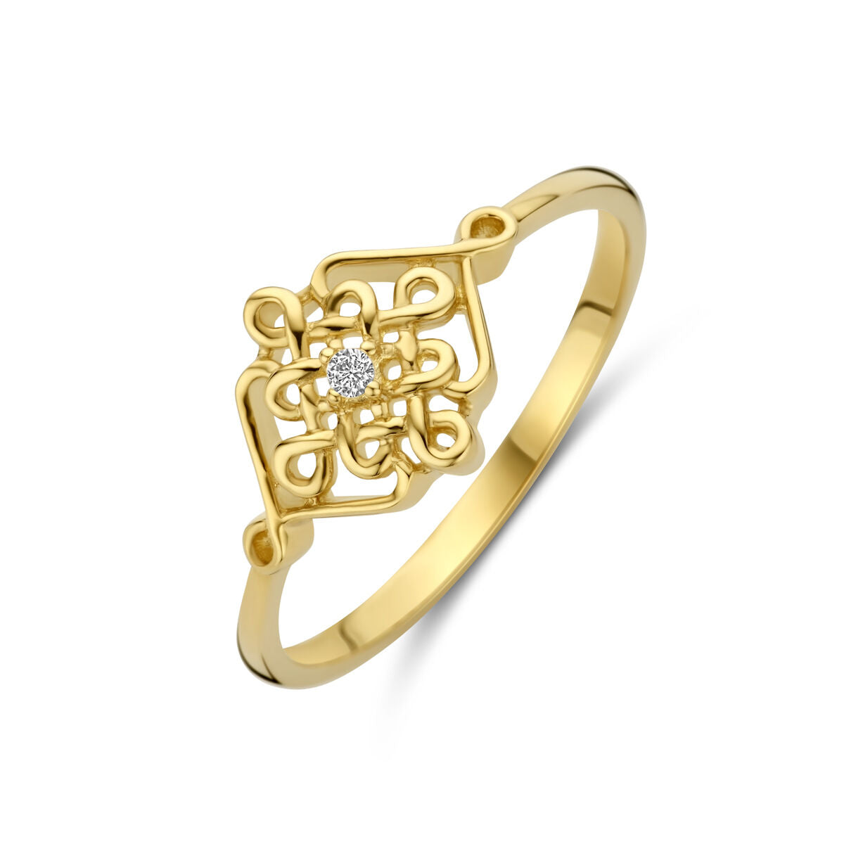 Bague en or jaune 14K avec un motif délicat et un zirconia au centre.