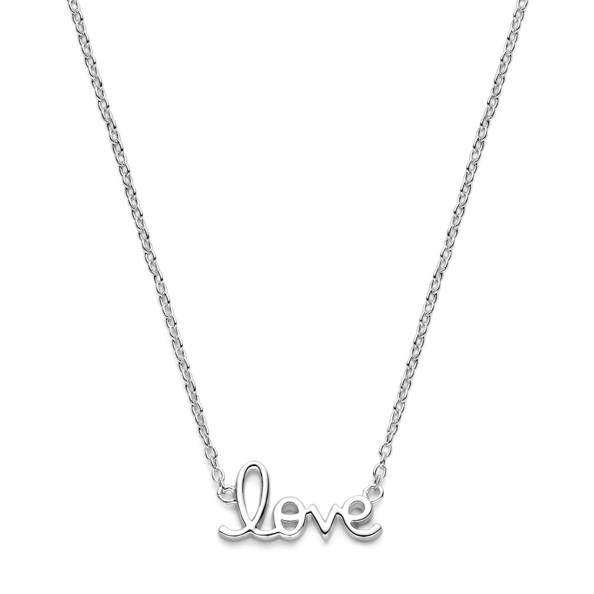 Collier en argent rhodié avec le mot "love" en pendentif.