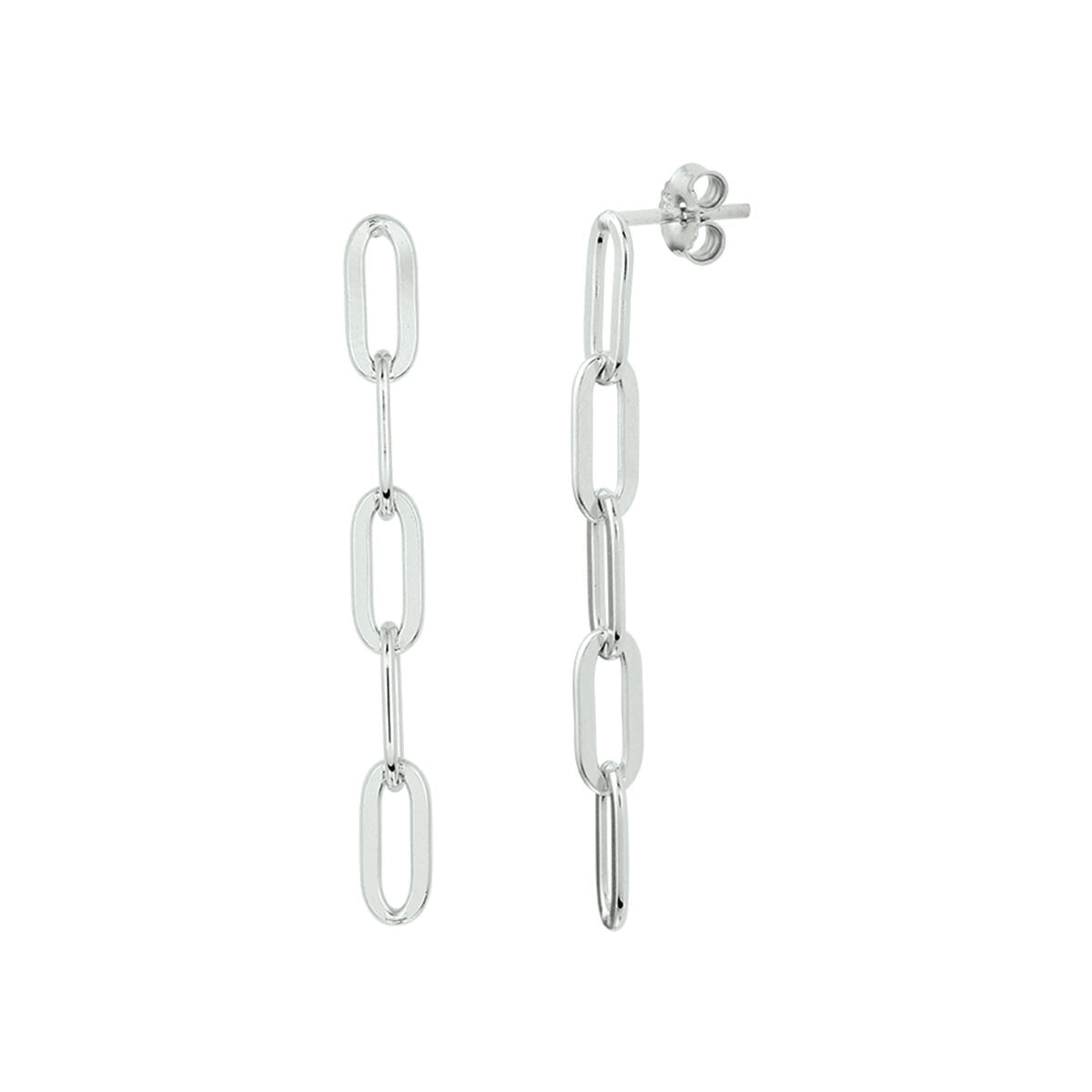 Boucles d'oreilles en argent rhodié en forme de paperclip, avec une chaîne allongée.