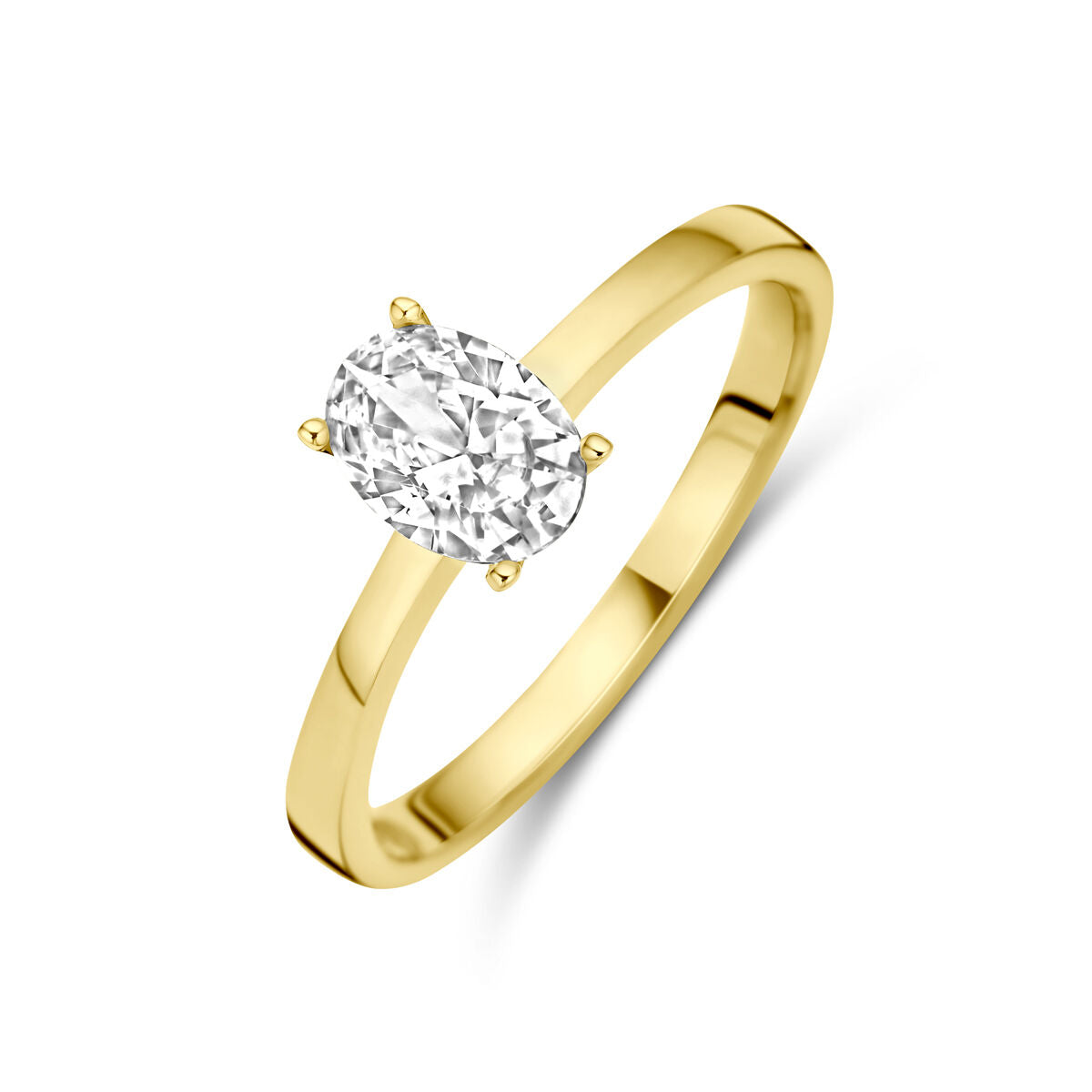 Ring van 14K geelgoud met een ovale zirkonia in een vier-pootzetting.