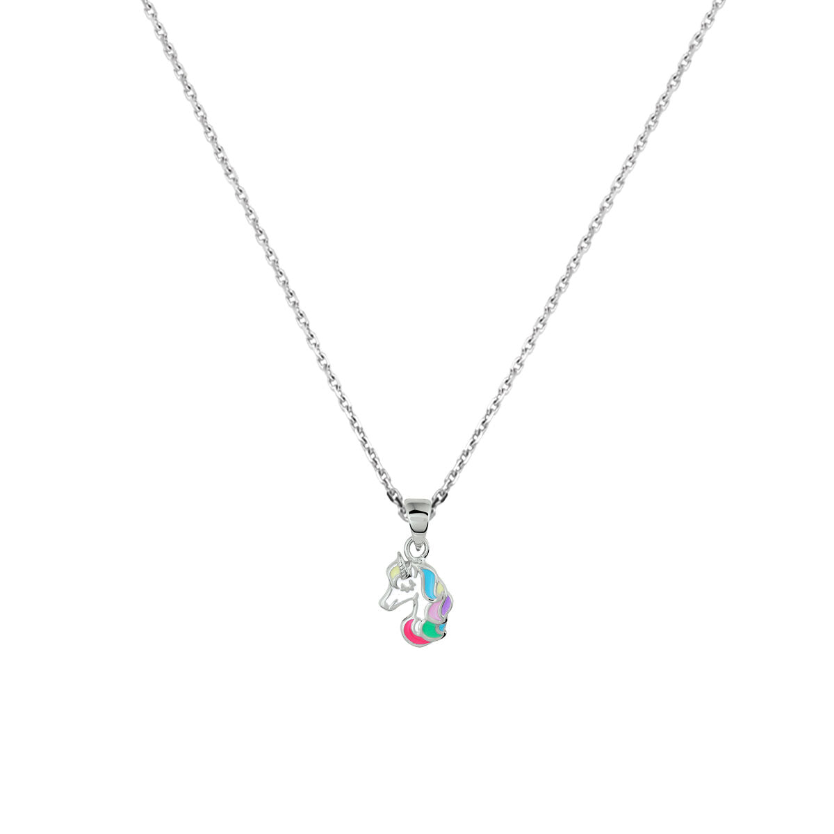 Collier en argent rhodié avec pendentif en forme de licorne colorée.