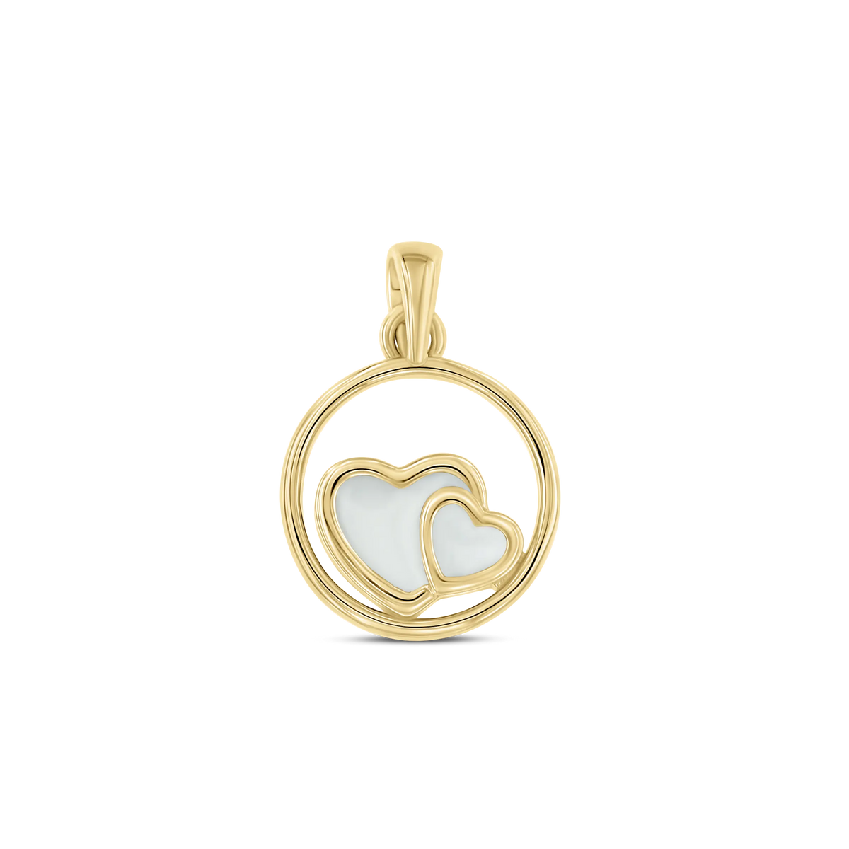 Pendentif en or massif avec deux cœurs entrelacés et un fond blanc.