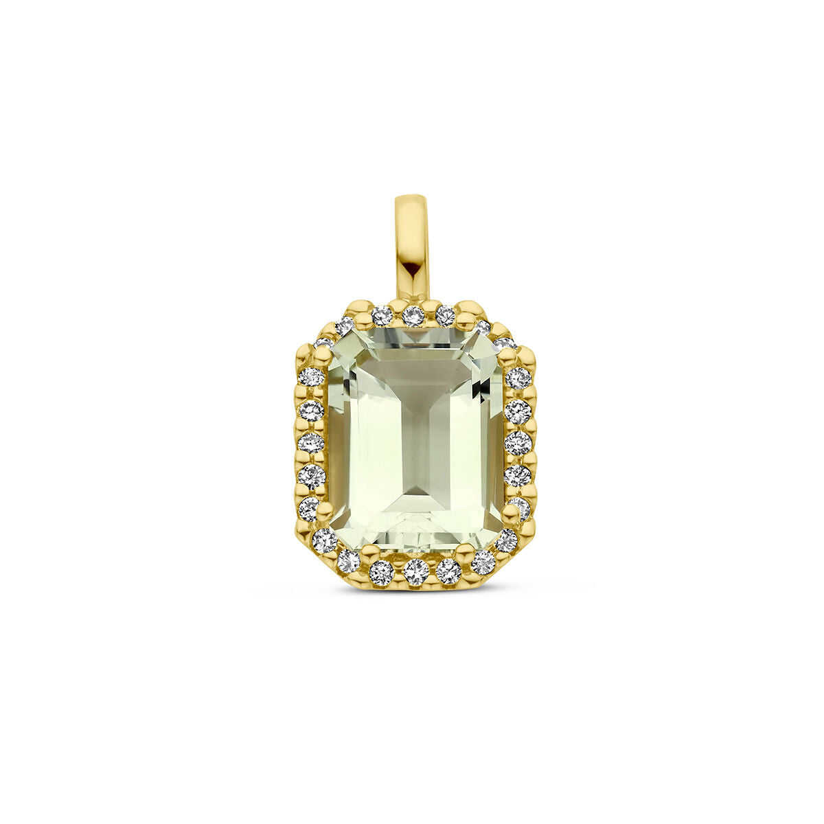 pendentif en améthyste verte avec halo de diamants 0,10 ct H SI en or jaune 18K.