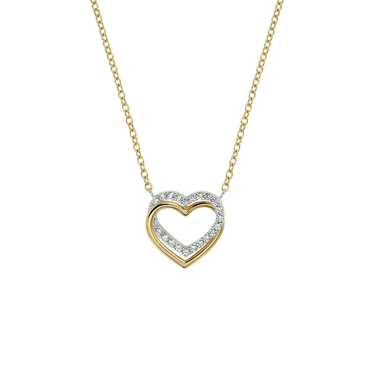 Collier en or bicolore 14K avec pendentif en forme de cœur orné de zirconia.