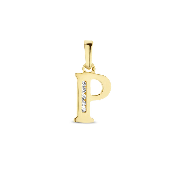 Stijlvolle hanger letter zirkonia 14K geelgoud uit de Van der Kooij Collectie, met een verticale rij sprankelende zirkonia's op de letter en gepolijste afwerking.