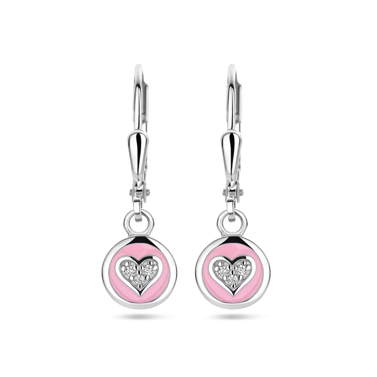 Boucles d'oreilles en argent rhodié avec un cœur en zircon et émail rose.