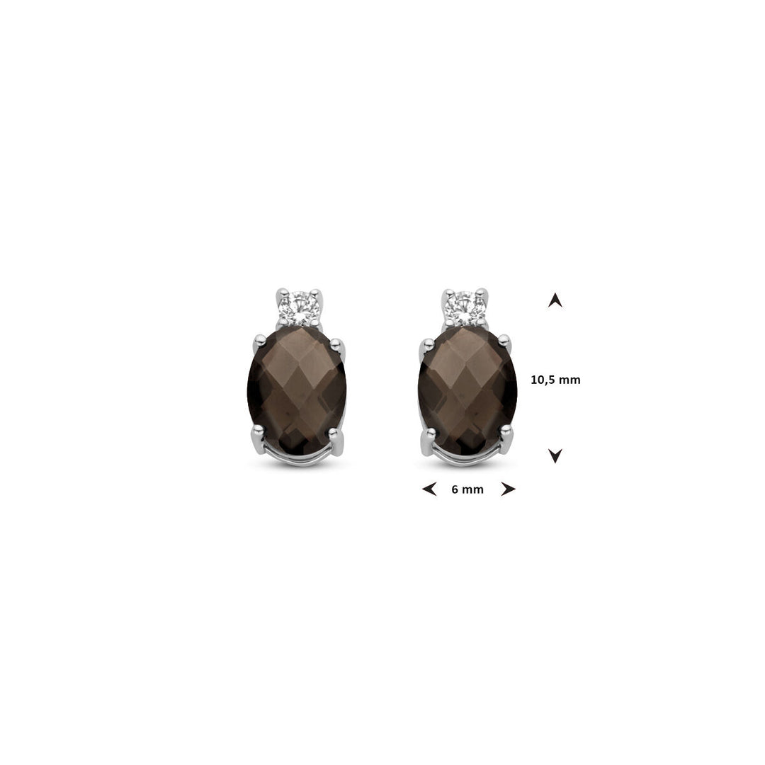 oorknoppen rookkwarts en zirkonia 10,5 mm zilver gerhodineerd