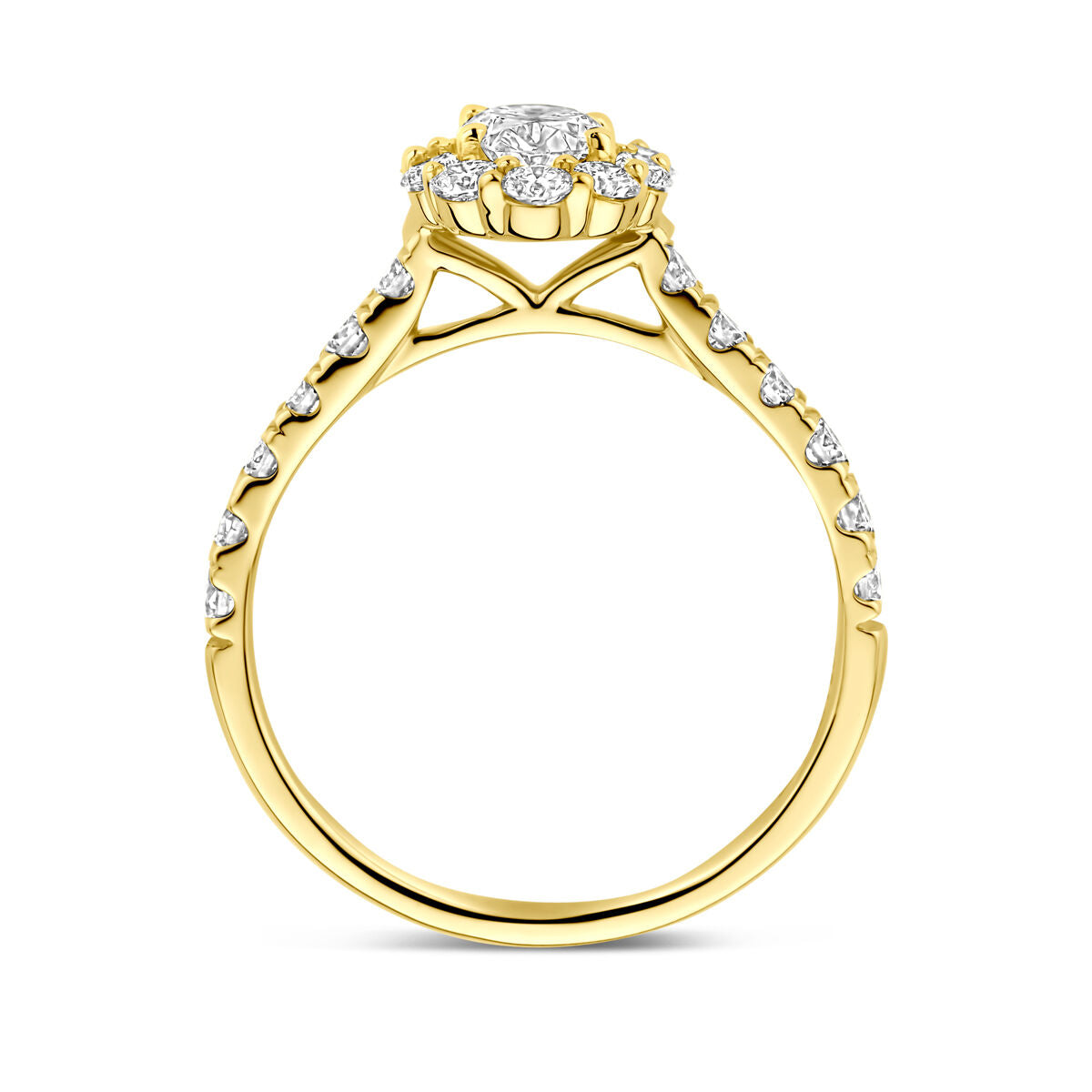 De Van der Kooij Collectie-ring is voorzien van een 1,29 ct H SI lab-grown diamant in 14K geelgoud, met een ronde middensteen, een halo van kleinere diamanten, extra stenen op de band en is voorzien van een diamantcertificaat.