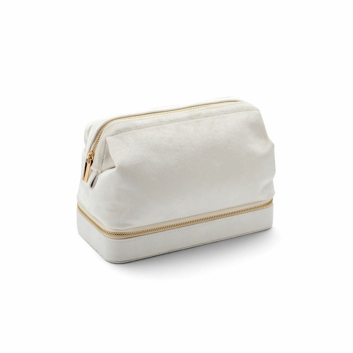 boîte à bijoux blanche avec fermeture éclair et détails dorés, forme rectangulaire et design pratique.