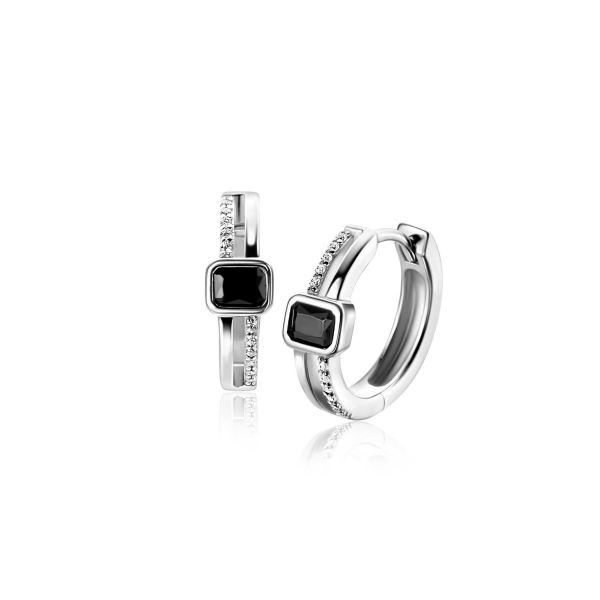 Boucles d'oreilles en argent avec un détail carré noir et des zirconiums.