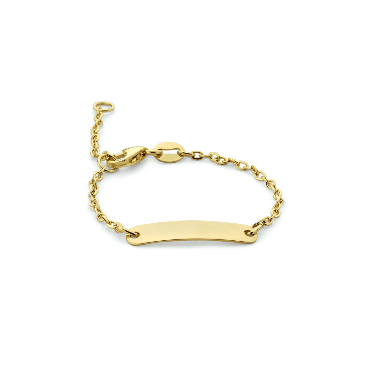 Bracelet en or 9 carats avec plaque rectangulaire et chaîne délicate.